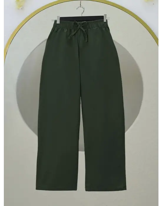 Omarı Keten Pantolon - Bağcık Detaylı Bol Paça