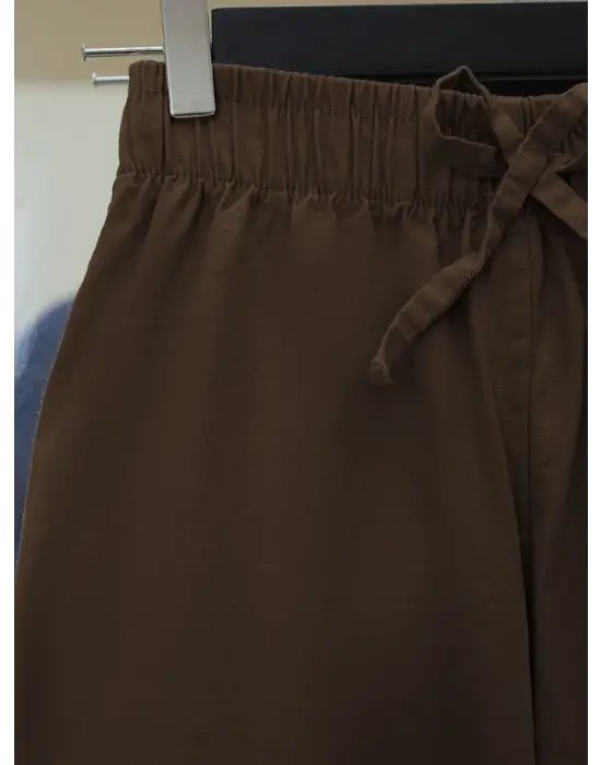 Bağcık Detaylı Bol Paça Beli Lastikli Keten Pantolon -Kahve