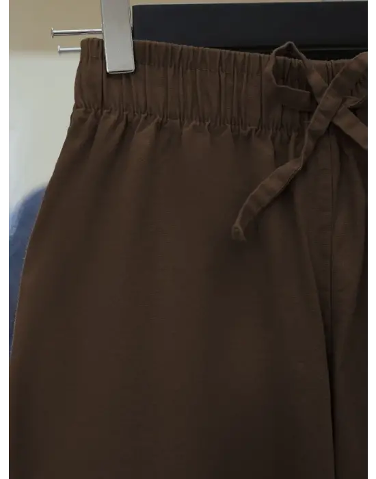 Omarı Keten Pantolon Bol Paça Beli Lastikli - Kahve