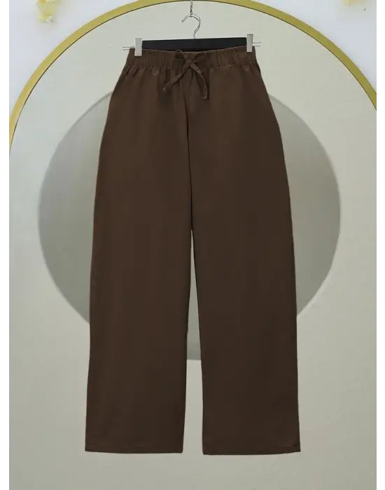 Bağcık Detaylı Bol Paça Beli Lastikli Keten Pantolon -Kahve