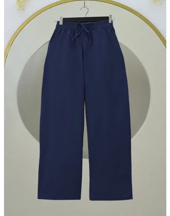 Bağcık Detaylı Bol Paça Beli Lastikli Keten Pantolon -K.Laci