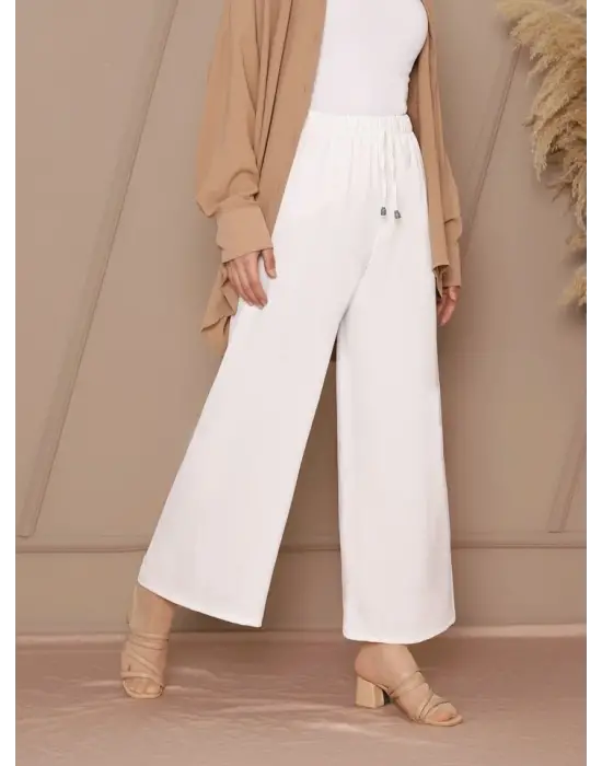 Bağcık Detaylı Bol Paça Beli Lastikli Pantolon -Beyaz