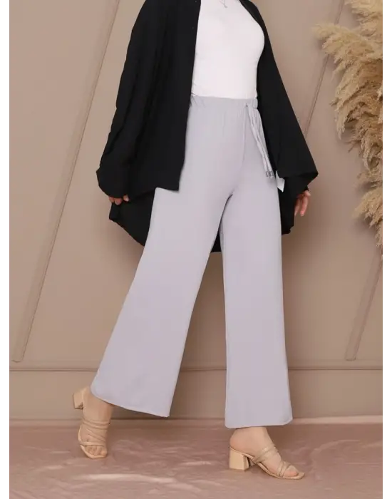 Bağcık Detaylı Bol Paça Beli Lastikli Pantolon -Gri