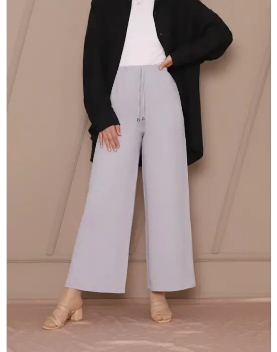 Omarı Gri Bol Paça Beli Lastikli Pantolon - Bağcık Detaylı