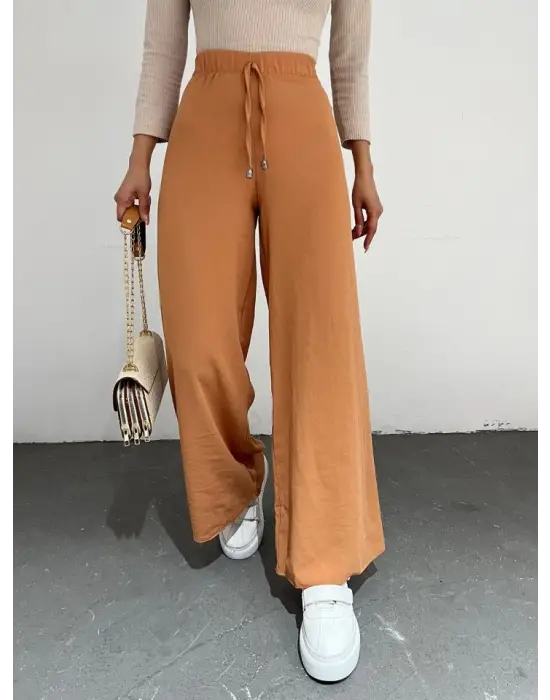 Omarı Bol Paça Beli Lastikli Pantolon - Kayısı Rengi