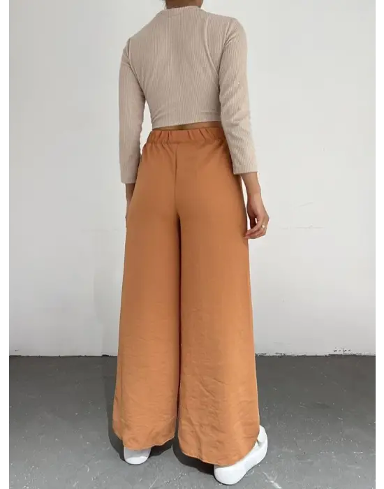 Omarı Bol Paça Beli Lastikli Pantolon - Kayısı Rengi