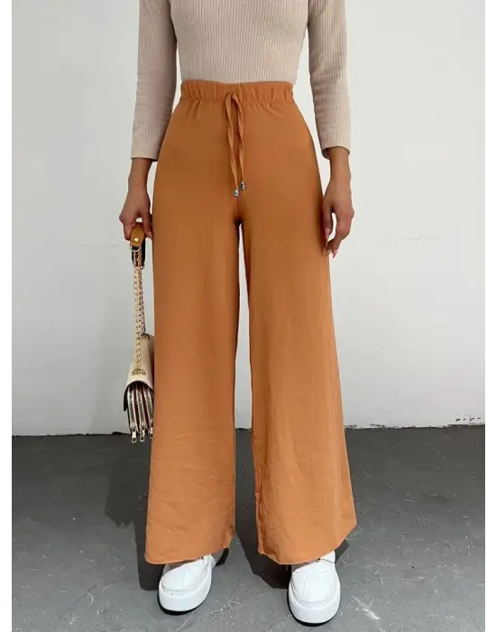 Omarı Bol Paça Beli Lastikli Pantolon - Kayısı Rengi