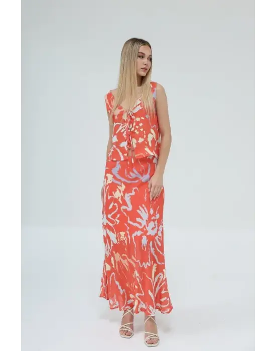 Bağcıklı Bluzlu Etek Takım - Kırmızı