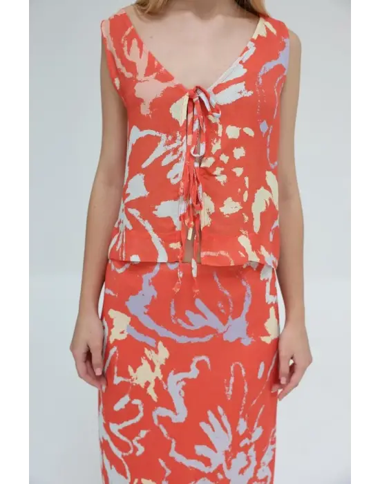 Bağcıklı Bluzlu Etek Takım - Kırmızı