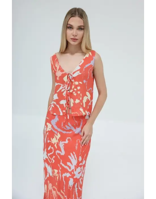 Bağcıklı Bluzlu Etek Takım - Kırmızı