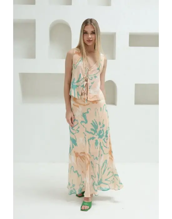 Bağcıklı Bluzlu Etek Takım - Pudra