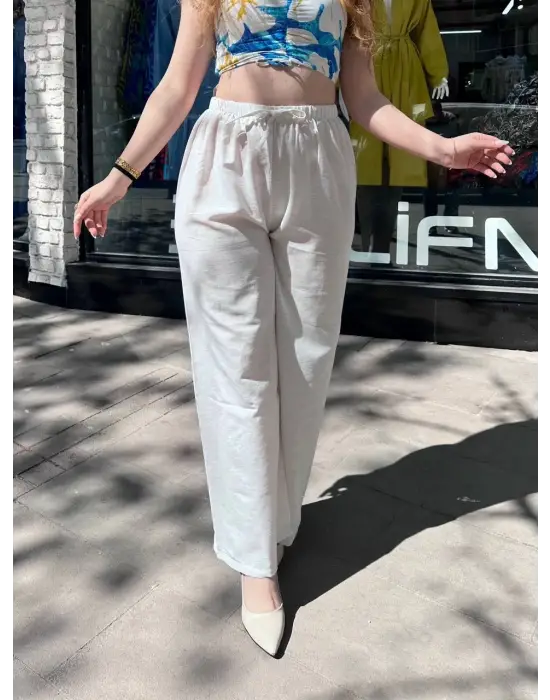 Omarı Yüksek Bel Krem Lekeli Keteni