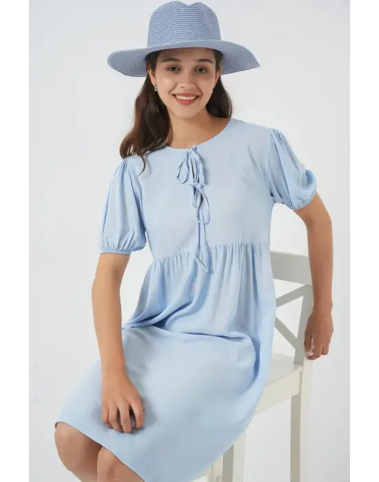 Bağcıklı Midi Elbise 2575 - Mavi