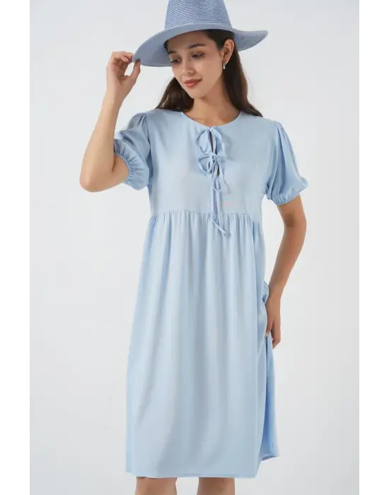 Bağcıklı Midi Elbise 2575 - Mavi
