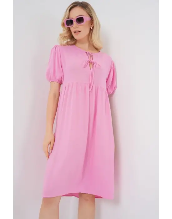 Bağcıklı Midi Elbise 2575 - Pembe