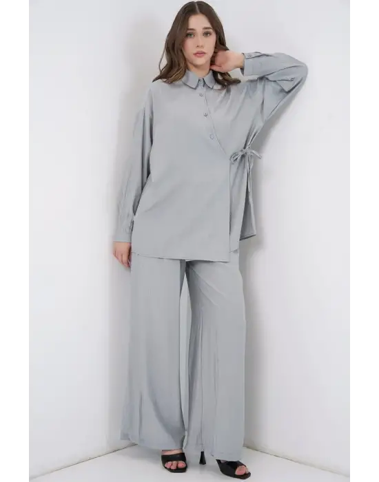 Bağcıklı Tunik Pantolon İkili Takım 6752 - Gri