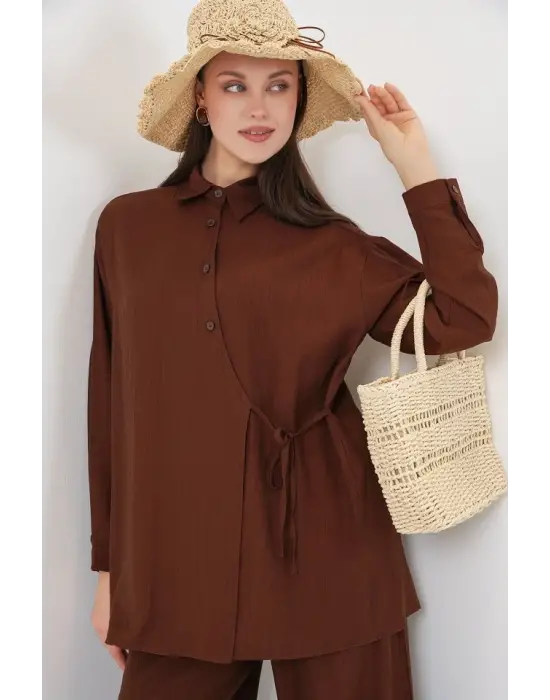 Bağcıklı Tunik Pantolon İkili Takım 6752 - Kahverengi