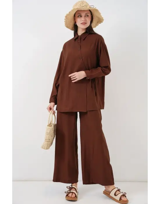 Bağcıklı Tunik Pantolon İkili Takım 6752 - Kahverengi