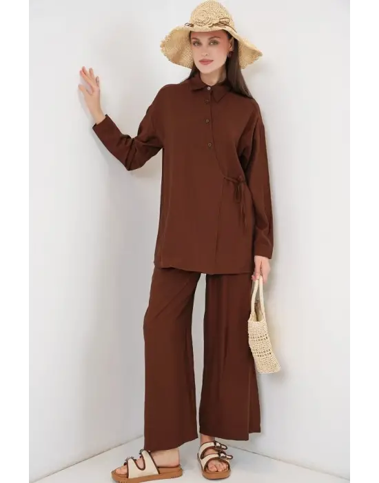 Bağcıklı Tunik Pantolon İkili Takım 6752 - Kahverengi