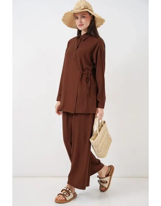 Bağcıklı Tunik Pantolon İkili Takım 6752 - Kahverengi