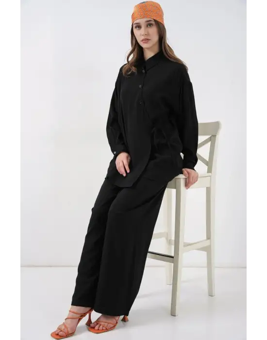 Bağcıklı Tunik Pantolon İkili Takım 6752 - Siyah