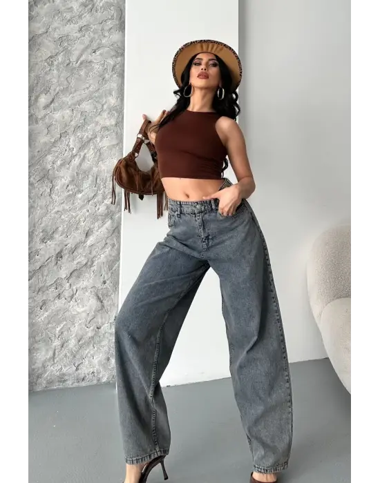 Baggy kar yıkama eskitme kahve jeans pantolon d2007