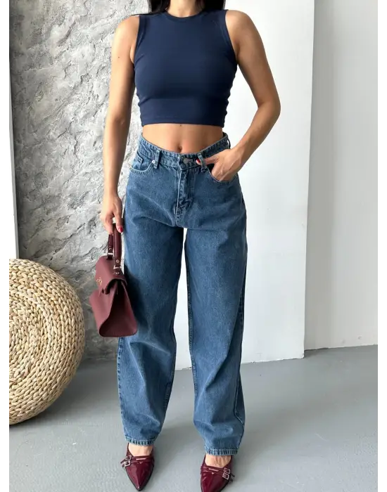 Baggy kar yıkama jeans pantolon koyu mavi d2007