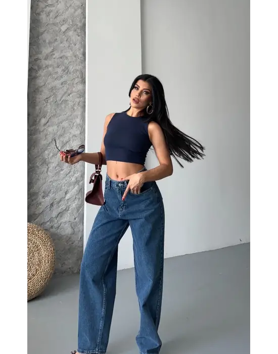 Baggy kar yıkama jeans pantolon koyu mavi d2007