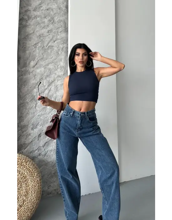 Baggy kar yıkama jeans pantolon koyu mavi d2007