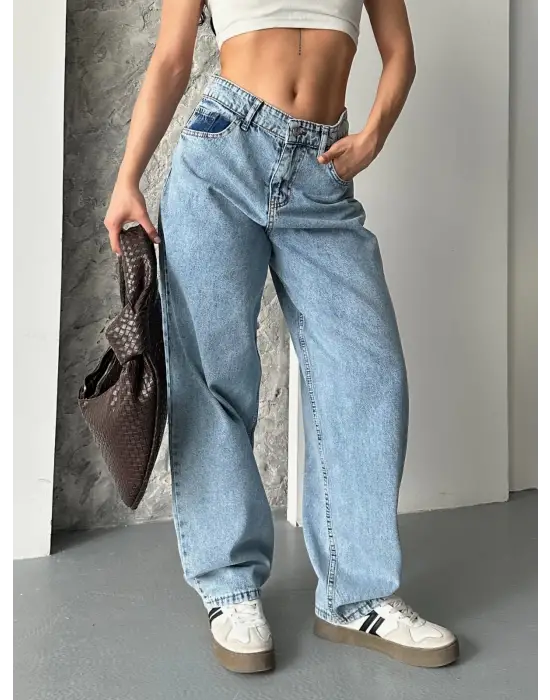 Baggy kar yıkama orta mavi jeans pantolon d2007