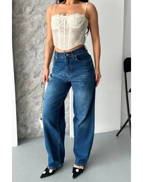 Baggy süper taş bıyık yıkama koyu mavi jeans pantolon d2007