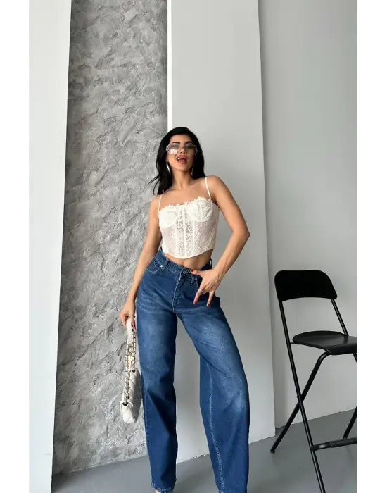 Baggy süper taş bıyık yıkama koyu mavi jeans pantolon d2007