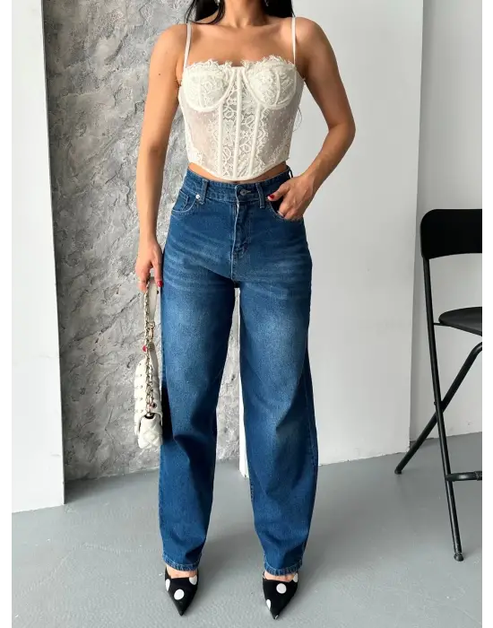 Baggy süper taş bıyık yıkama koyu mavi jeans pantolon d2007