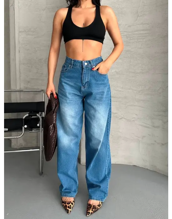 Baggy süper taş bıyık yıkama mavi jeans pantolon d2007