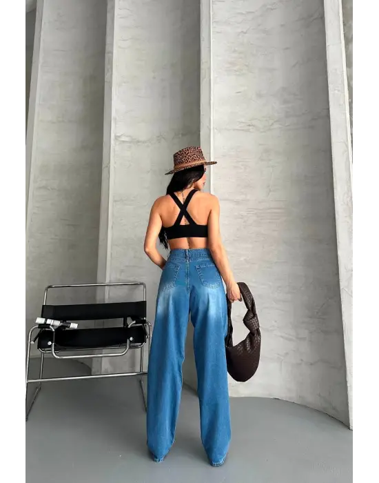 Baggy süper taş bıyık yıkama mavi jeans pantolon d2007