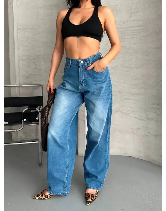 Baggy süper taş bıyık yıkama mavi jeans pantolon d2007