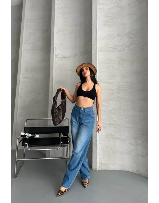 Baggy süper taş bıyık yıkama mavi jeans pantolon d2007