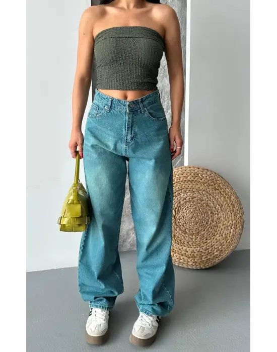 Baggy taş enzim bıyık yıkama jeans pantolon yeşil tint d2007