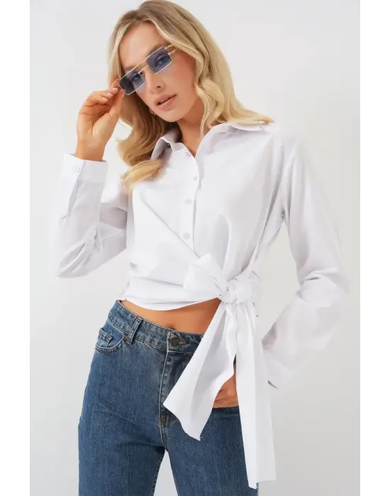 Modern Bağlamalı Uzun Kol Gömlek - Beyaz