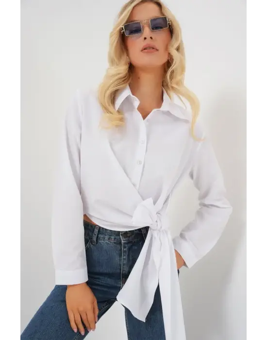 Modern Bağlamalı Uzun Kol Gömlek - Beyaz