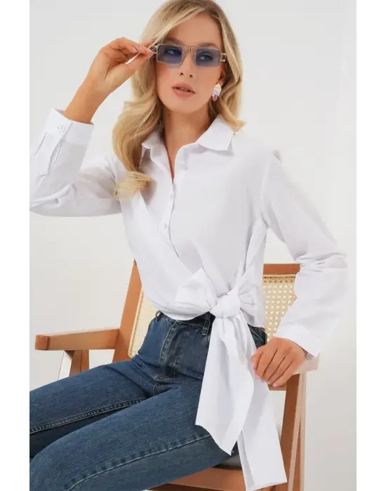 Modern Bağlamalı Uzun Kol Gömlek - Beyaz
