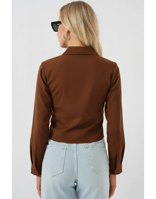 Bağlamalı Uzun Kol Gömlek 20325 - Kahverengi