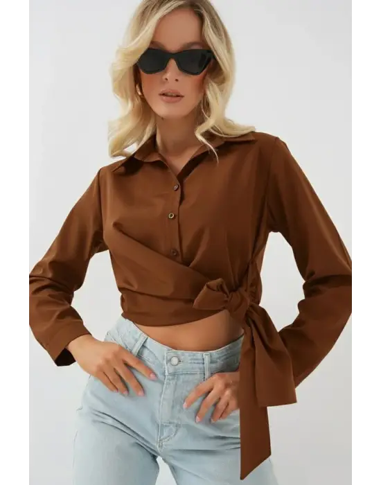 Bağlamalı Uzun Kol Gömlek 20325 - Kahverengi