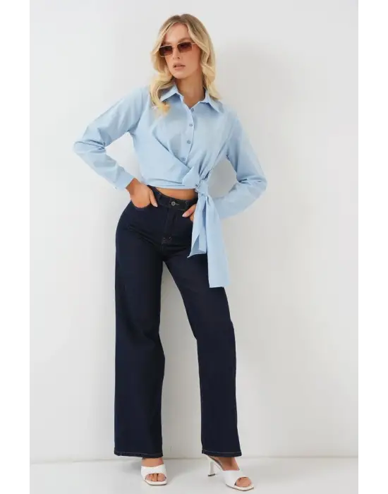 Bağlamalı Uzun Kol Gömlek 20325 - Mavi