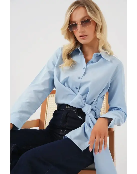 Bağlamalı Uzun Kol Gömlek 20325 - Mavi