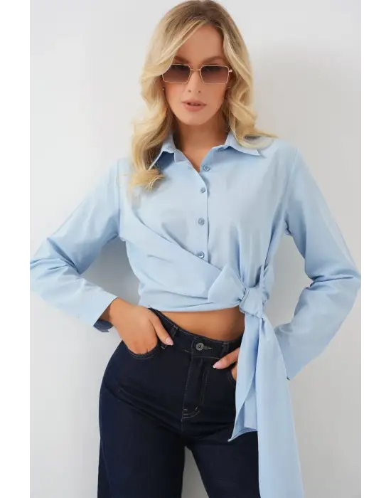 Bağlamalı Uzun Kol Gömlek 20325 - Mavi