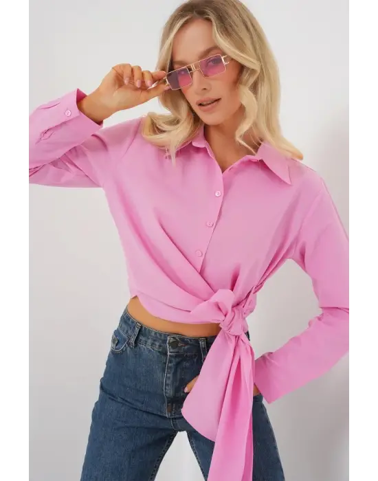 Bağlamalı Uzun Kol Gömlek 20325 - Pembe