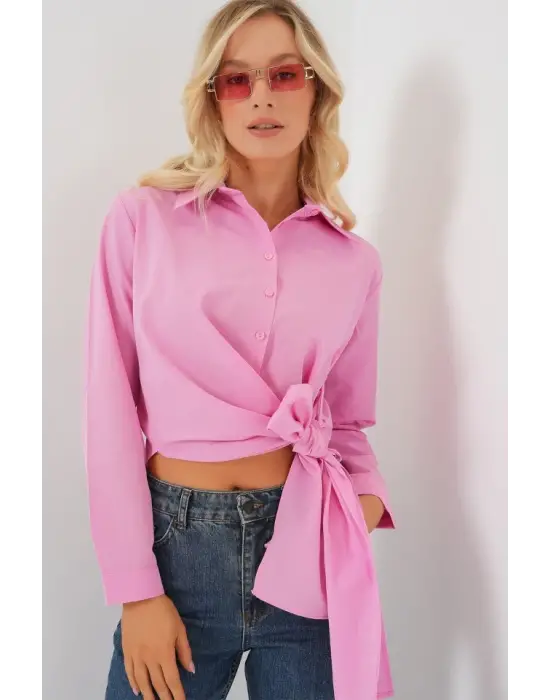 Bağlamalı Uzun Kol Gömlek 20325 - Pembe