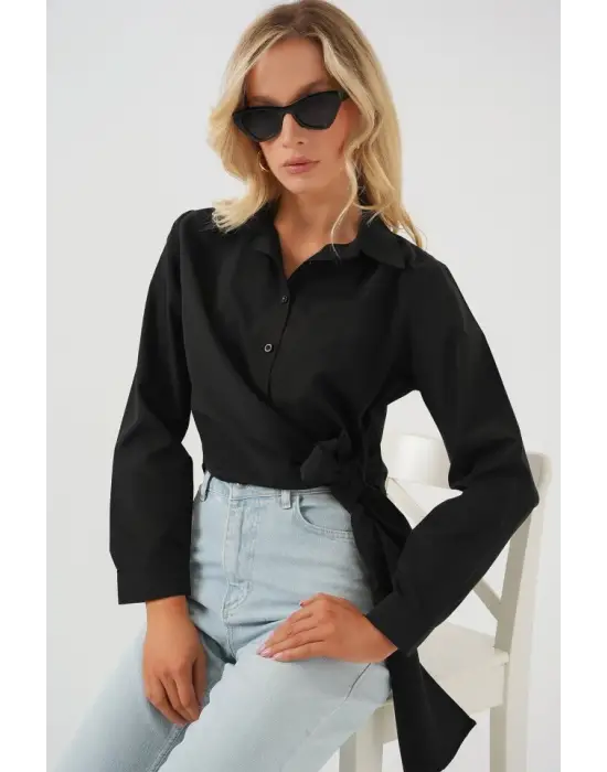 Bağlamalı Uzun Kol Gömlek 20325 - Siyah