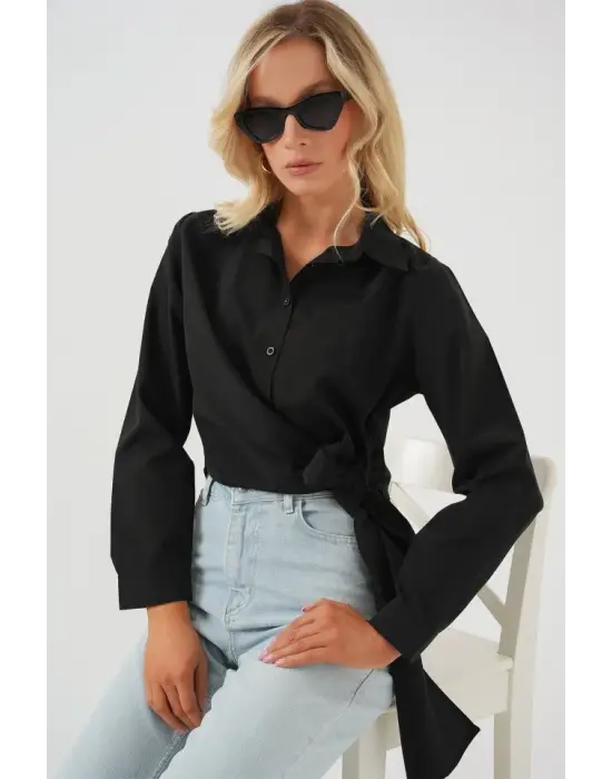 Bağlamalı Uzun Kol Gömlek 20325 - Siyah